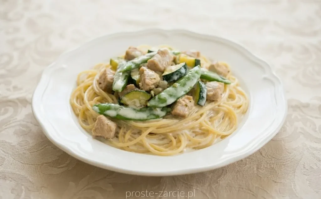 Kremowy makaron spaghetti z zielonymi strączkami groszku cukrowego, kawałkami kurczaka i cukinii, posypany świeżo mielonym pieprzem.