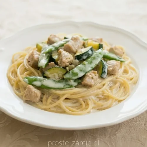 Kremowy makaron spaghetti z zielonymi strączkami groszku cukrowego, kawałkami kurczaka i cukinii, posypany świeżo mielonym pieprzem.