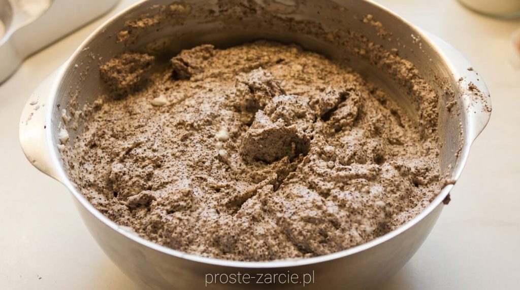 Zbliżenie na kawałek ciemnego, gęstego makowca ozdobionego lukrem, żurawiną i migdałami, leżącego na świątecznym talerzu