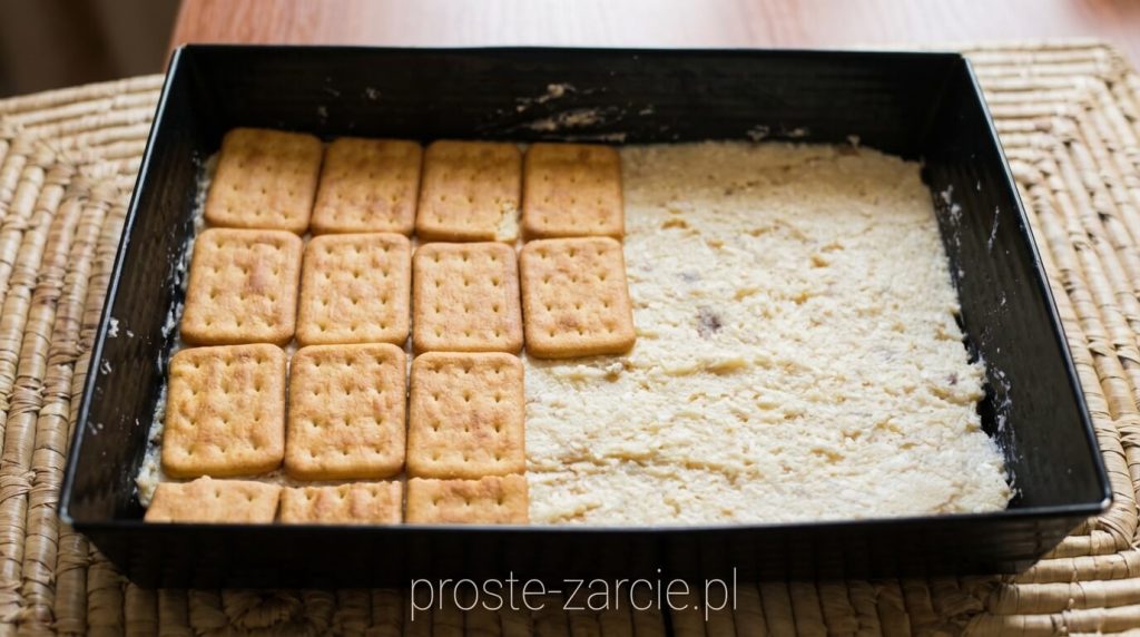 Kwadratowy kawałek białego ciasta rafaello na krakersach z grubą warstwą wiórków kokosowych, proste żarcie