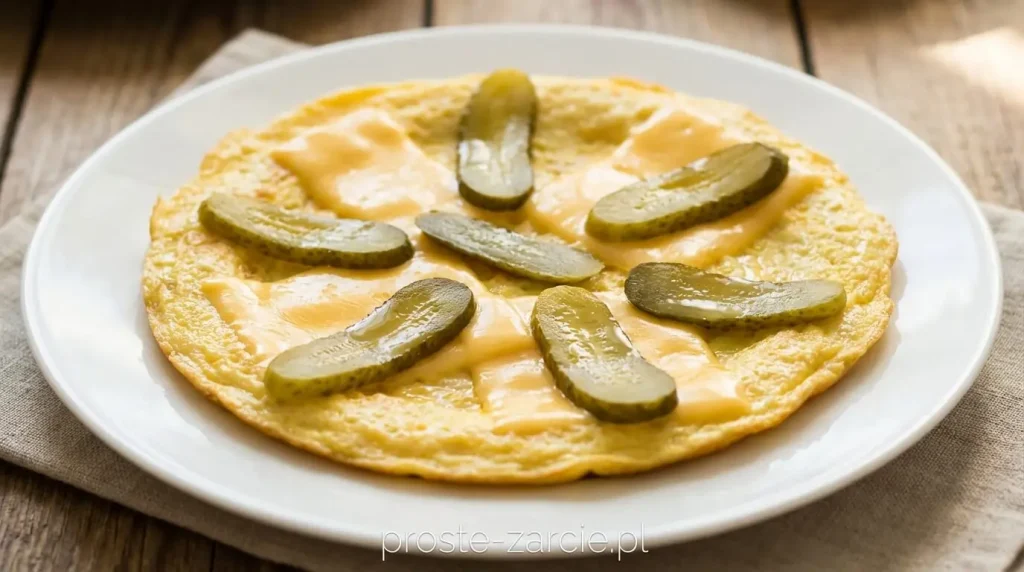 Rumiany omlet z roztopionym serem i cebulką podawany z majonezem i ogórkiem kiszonym, pożywne śniadanie z jajek, proste żarcie