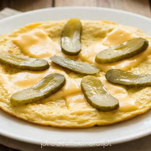 Rumiany omlet z roztopionym serem i cebulką podawany z majonezem i ogórkiem kiszonym, pożywne śniadanie z jajek, proste żarcie