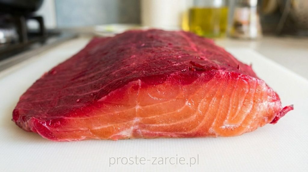 Cienkie plastry różowego łososia gravlax z rubinową obwódką z buraków, podawane na desce, proste żarcie