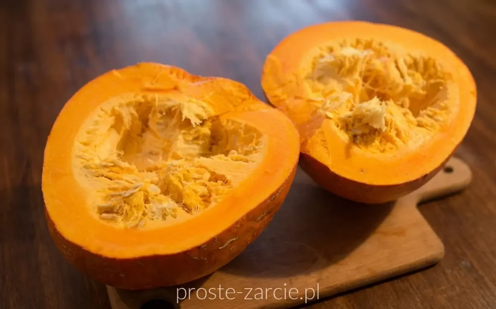 Słoiki z jasno-pomarańczową dynią w occie, wewnątrz widoczne goździki i laska cynamonu w klarownej zalewie.