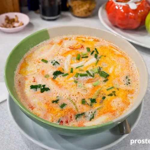 Kremowa, pomarańczowa zupa tajska Tom Yum z mleczkiem kokosowym i owocami morza, podana w zielonej misce.