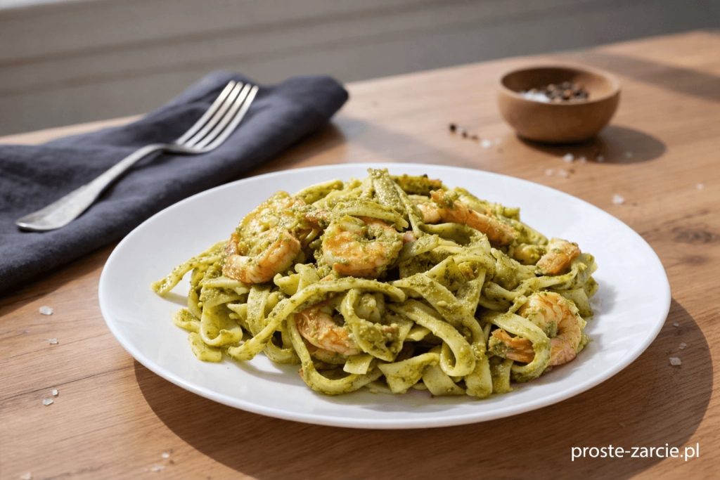 Makaron tagliatelle z krewetkami i zielonym pesto z bazylii, posypany świeżym parmezanem i udekorowany listkami bazylii na talerzu