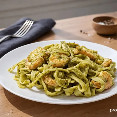Makaron tagliatelle z krewetkami i zielonym pesto z bazylii, posypany świeżym parmezanem i udekorowany listkami bazylii na talerzu