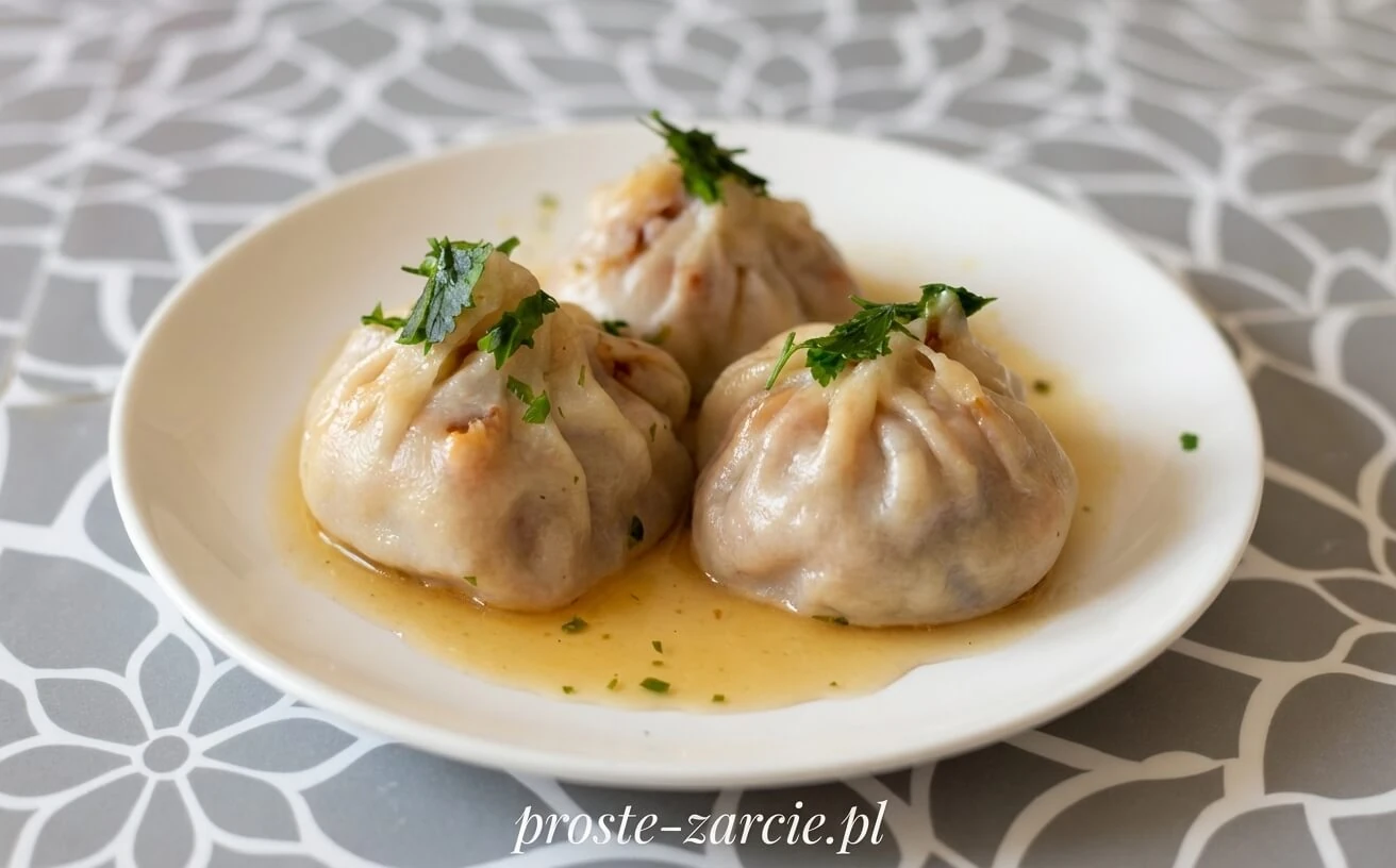 Parujące pierożki wonton w bambusowym koszyczku do gotowania na parze, podane z sosem sojowym.