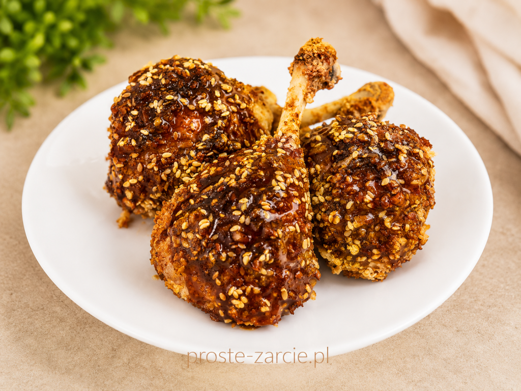 Kawałki chrupiącego koreańskiego kurczaka w lepkim czerwonym sosie gochujang posypane szczypiorkiem i sezamem.